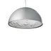 Silver dome pendant light with ornate white ceiling interior detail, suspended against white background.