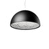 Black dome pendant light with ornate white plaster interior detail, hanging against white background.