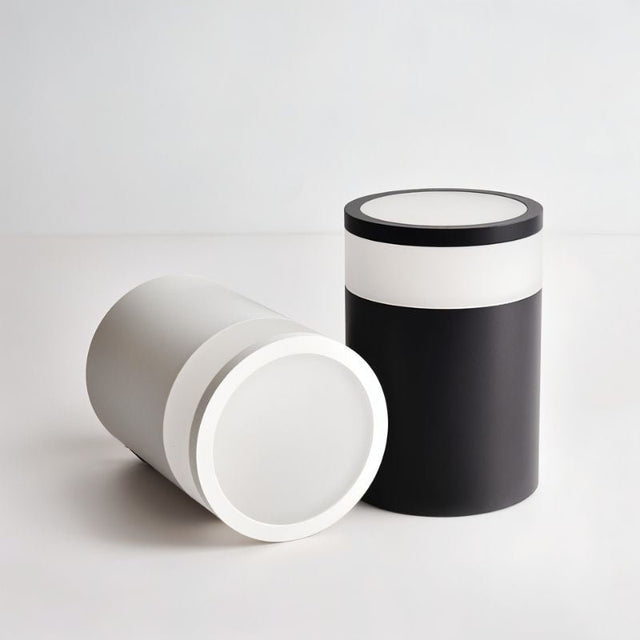 "Minimalist ceiling light with a sleek cylindrical design, featuring a black and white color scheme. Ideal for modern spaces, offering soft ambient illumination."