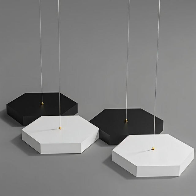 "Components of a hexagonal pendant light, showing the geometric design and dual-tone black and white finish."
