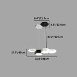 "A diagram showing the dimensions of a hexagonal pendant light, including height, width, and individual hexagon sizes in inches and centimeters."