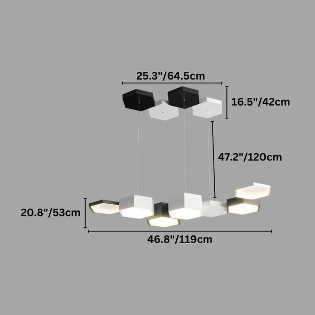 "A diagram showing the dimensions of a multi-head hexagonal pendant light, including individual hexagon size, overall width, height, and drop length in inches and centimeters."