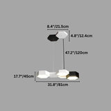 "A diagram showing the dimensions of a multi-head hexagonal pendant light, including individual hexagon size, overall width, height, and drop length in inches and centimeters."