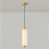 "A single-tiered, minimalist pendant light with a frosted acrylic cylinder and brass accents, hanging from a black cord."