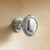 Two decorative cabinet pulls with turned wooden handles shown in front and side views with measurements on white background.