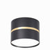 Black cylindrical downlight fixture with gold accent band and white diffuser on white background.