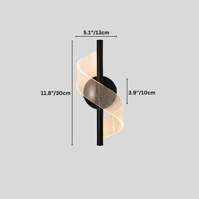 "Dimensions of a modern sculptural wall lamp with a spiral acrylic diffuser and a sleek metal frame."