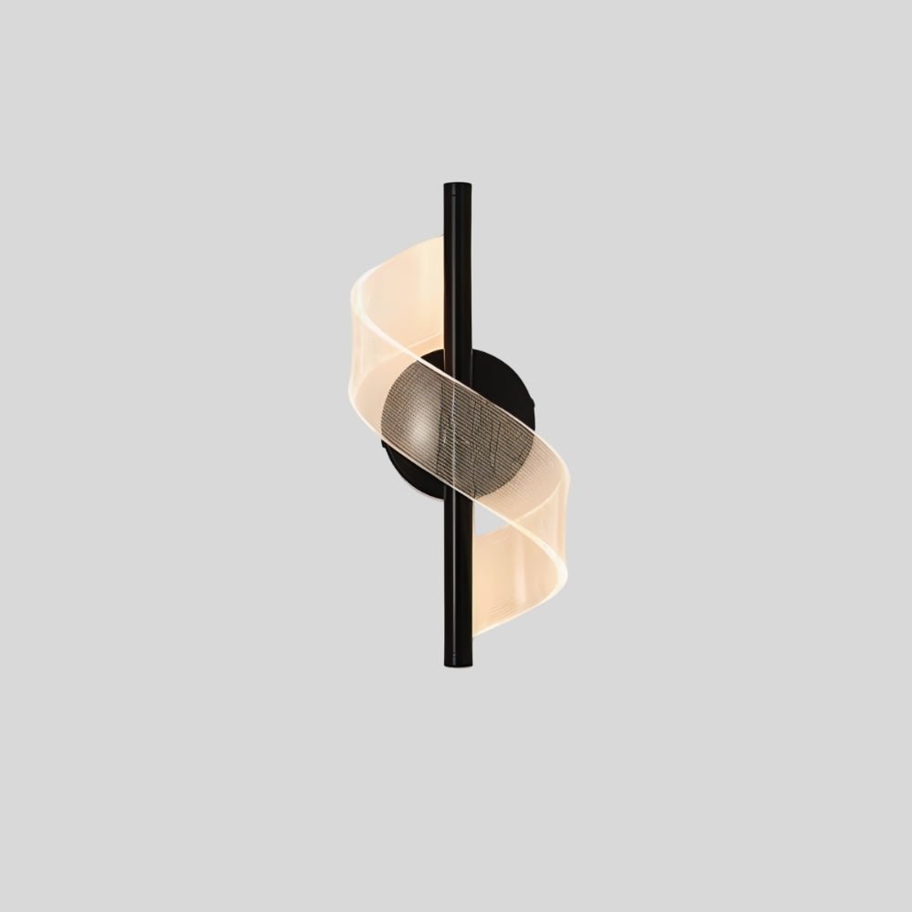 "Modern sculptural wall lamp with a spiral acrylic diffuser and sleek metal frame."