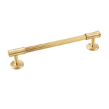 "Full view of a sleek brass pull bar with grooved detailing, showcasing a sophisticated and timeless design suitable for modern and classic interiors."