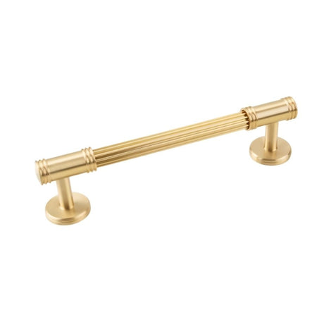 "Isolated view of a sleek brass pull bar with grooved detailing, showcasing a sophisticated and timeless design suitable for modern and classic interiors."