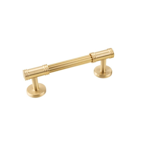 "Studio shot of a sleek brass pull bar with grooved detailing, showcasing a sophisticated and timeless design suitable for modern and classic interiors."