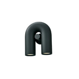 "A black, contemporary wall lamp with a sculptural, looped design and dual, adjustable light sources."