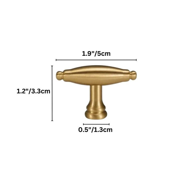 "Dimensions of a brass T-bar cabinet knob, suitable for contemporary and vintage-inspired interiors."