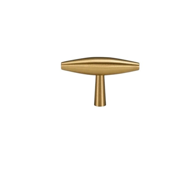 "Modern brass T-bar cabinet pull with a sleek, minimalist design."