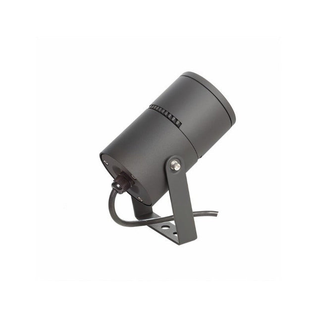 "Angled view of a black cylindrical outdoor spotlight with an adjustable bracket and visible cable, shown on a white background."