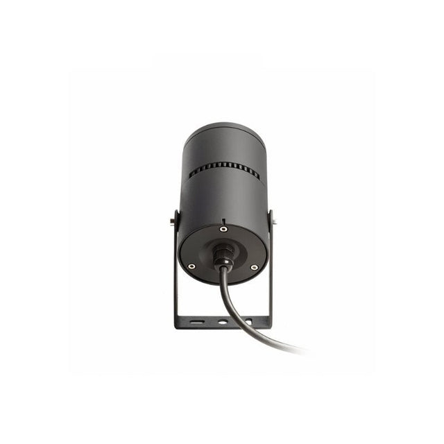 "Back view of a black cylindrical outdoor spotlight showing the cable and mounting bracket, isolated on a white background."