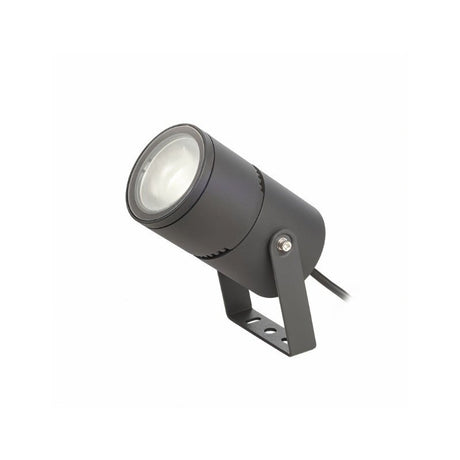 "Black outdoor spotlight with a clear lens and adjustable bracket, angled view on a white background."