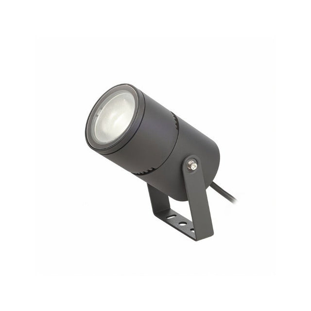 "Black outdoor spotlight with a clear lens and adjustable bracket, angled view on a white background."