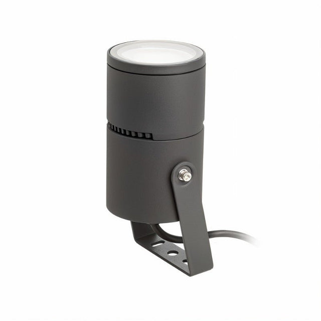 "Black cylindrical outdoor spotlight with adjustable bracket and clear top, shown on a white background."