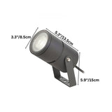 "Black outdoor spotlight with dimensions labeled in inches and centimeters, showing a cylindrical body and adjustable bracket."