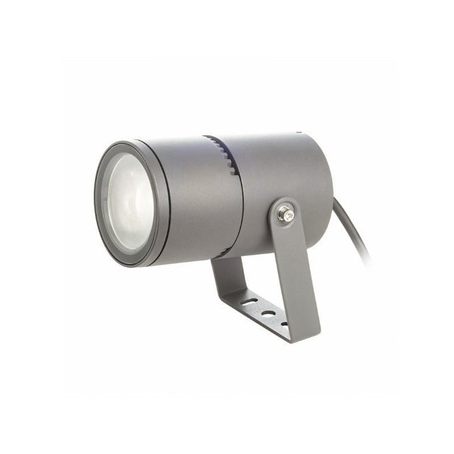 "Gray cylindrical outdoor spotlight with a clear lens and adjustable bracket, shown on a white background."