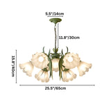"Showing dimensions in inches and centimeters for a floral chandelier with curved arms and frosted glass shades."