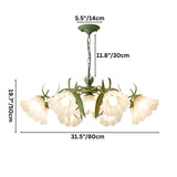 "Dimensions of a nature-inspired chandelier with curved arms and frosted glass shades, shown in both inches and centimeters."
