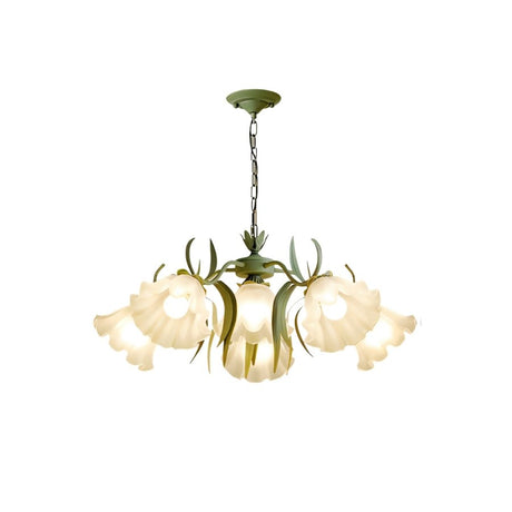  "A 6-light floral chandelier with curved iron stems and frosted glass shades, isolated on a white background."