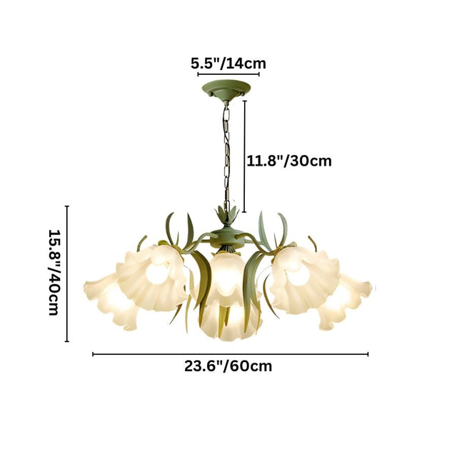 "Showing dimensions in inches and centimeters for a floral chandelier with curved arms and frosted glass shades."