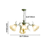 "Dimensions of a floral chandelier with curved arms and frosted glass shades, shown with measurements in inches and centimeters."