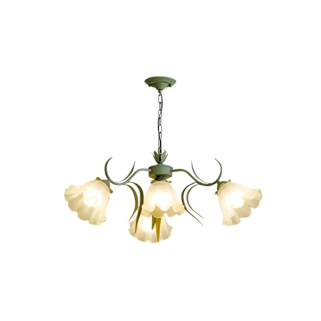 "A floral chandelier with curved iron stems and frosted glass shades, isolated on a white background."