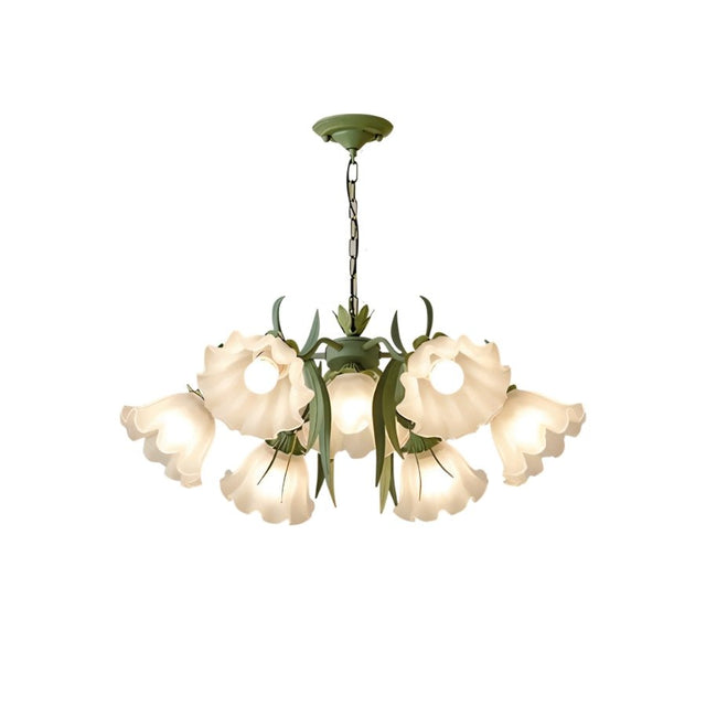 "A modern chandelier with a nature-inspired design, featuring curved arms and frosted glass shades resembling blooming flowers."