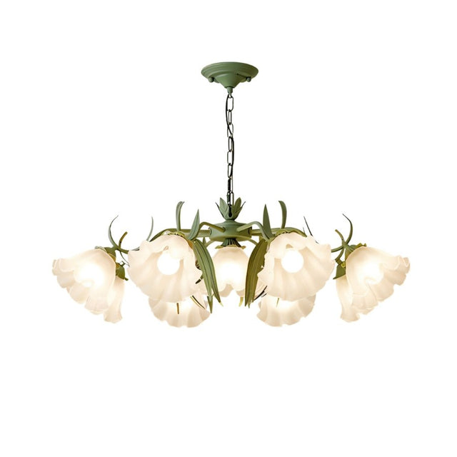 "A floral chandelier with curved, vine-like arms and frosted glass shades, isolated on a white background."