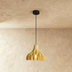 Ribbed pendant light fixture with flared dome shade, shown against white background, includes dimensions and cord length spec