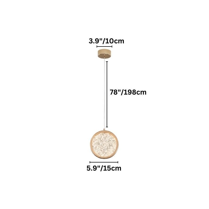 "A gold ring pendant light with a crystal-like center, shown against a white background with dimension measurements."