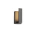 Gray outdoor wall lamp with warm amber glass shade on white background.