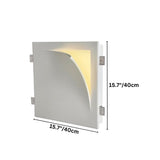 "A square trimless wall light with dimensions 15.7 inches by 15.7 inches, showing a curved design and warm light from the recessed edge."