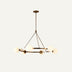 Bronze chandelier with frosted glass globes suspended from a triangular metal frame against a white background.