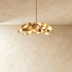 Ceiling fan with curved petal-shaped blades, brushed nickel finish, shown from front angle against white background with dime