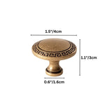 "Dimensions diagram of a vintage solid brass knob with Grecian-inspired patterns and textured surfaces, showing measurements."
