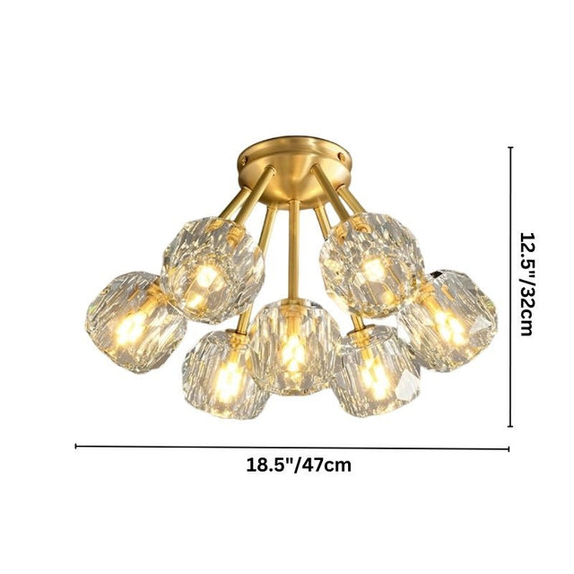 "Modern crystal ceiling light with brass finish, showing dimensions of 12.5 inches and 18.5 inches."