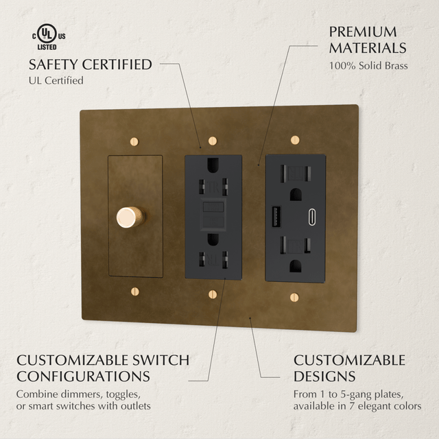Custom Brass Light Switch (Build Your Own) featuring UL-certified solid brass plates with customizable dimmer, toggle, and outlet combinations.
