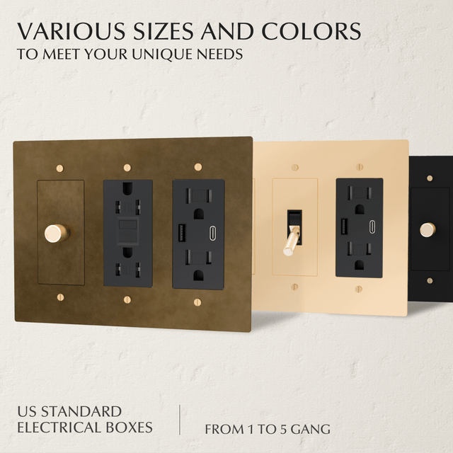 Custom Brass Light Switch (Build Your Own) shown in multiple finishes and sizes from 1 to 5-gang plates, compatible with US standard electrical boxes.