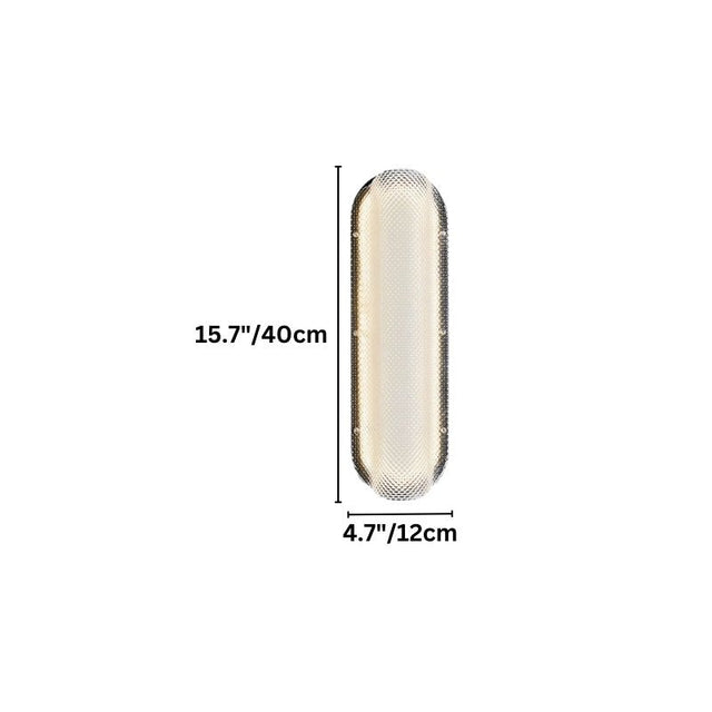 "Dimensions of a modern elongated wall lamp with a textured acrylic diffuser and metal frame."