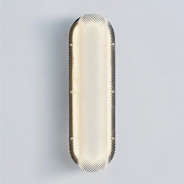 "Modern elongated wall lamp with a textured acrylic diffuser and a sleek metal frame."