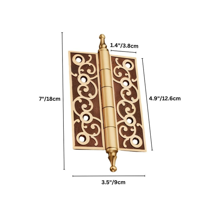 "Brass door hinge with ornate scrollwork design, labeled with dimensions: 7 inches height, 3.5 inches width, 4.9 inches overall width when open, and 1.4 inches thickness."
