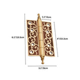 "Brass door hinge with ornate scrollwork design, labeled with dimensions: 6.1 inches height, 3.1 inches width, 4 inches overall width when open, and 1.1 inches thickness."
