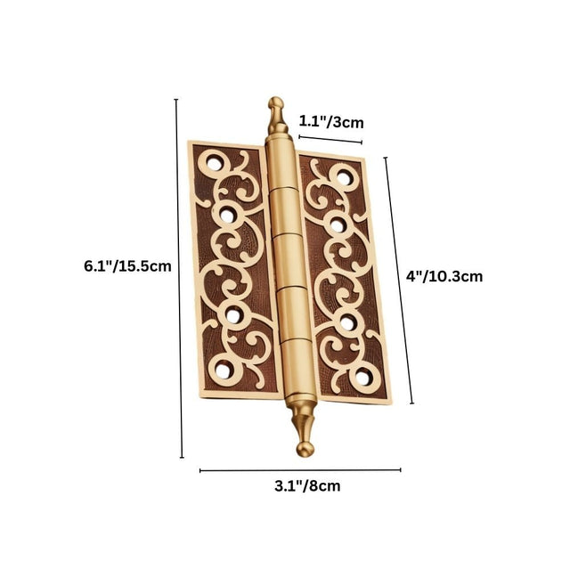 "Brass door hinge with ornate scrollwork design, labeled with dimensions: 6.1 inches height, 3.1 inches width, 4 inches overall width when open, and 1.1 inches thickness."