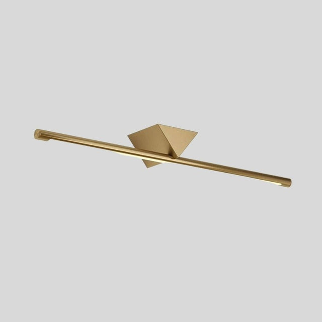"A modern, linear LED wall lamp with a geometric accent in a gold finish, showcasing its sleek design."