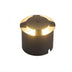 Brass and charcoal outdoor in-ground light fixture with warm glow on white background.